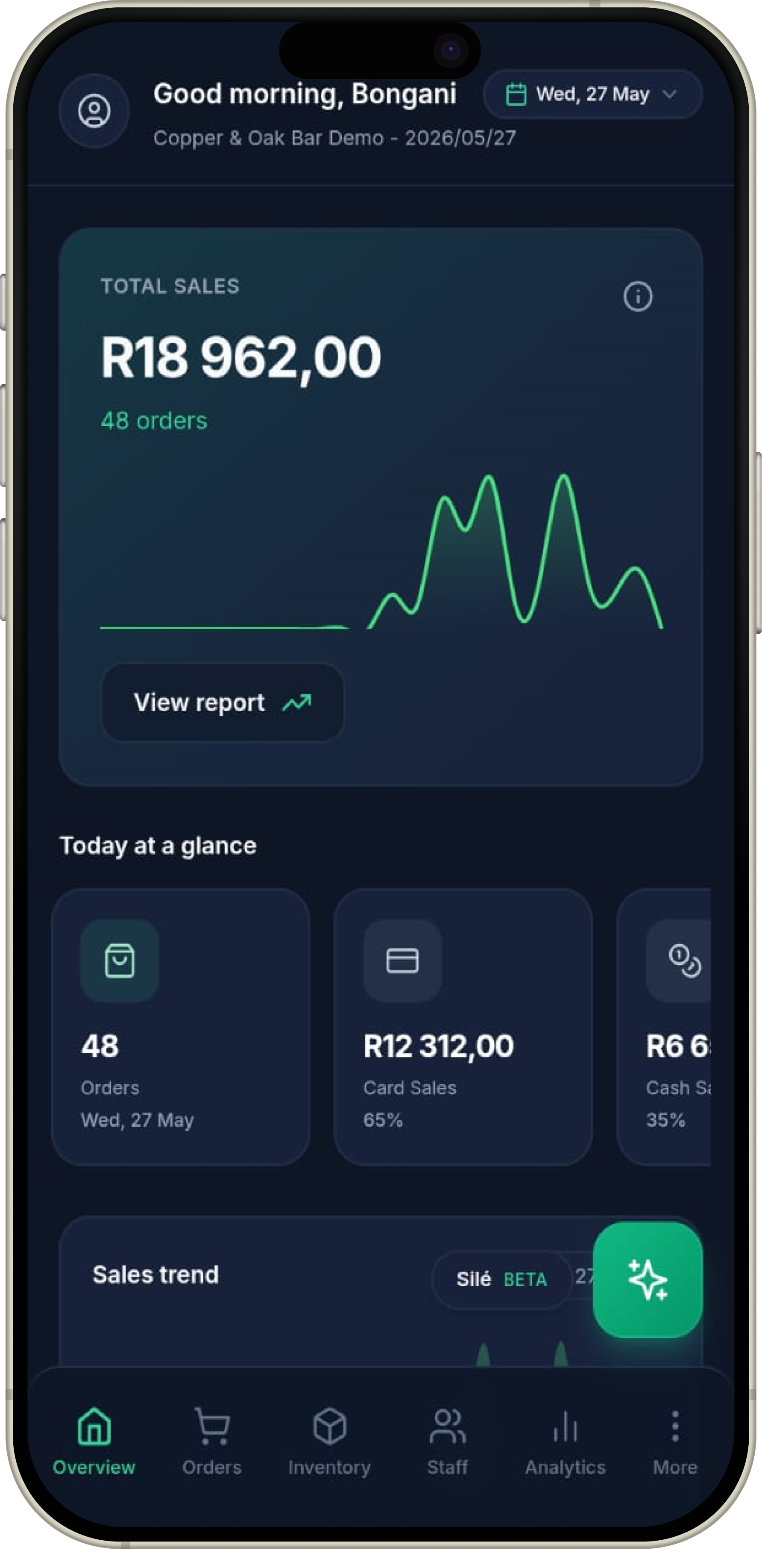 Tavio POS on a phone taking orders