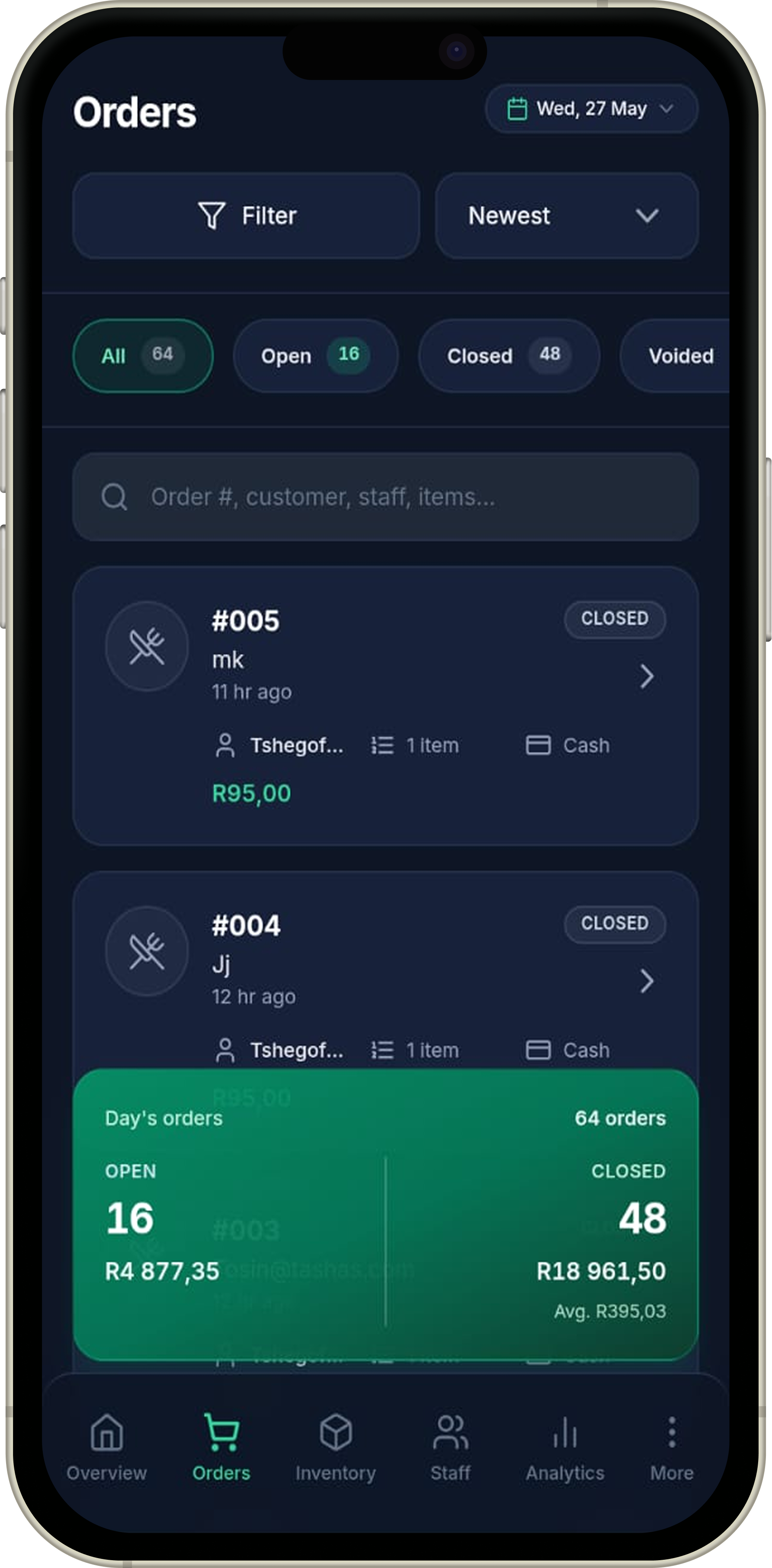 Tavio POS on a phone for kitchen and floor tools